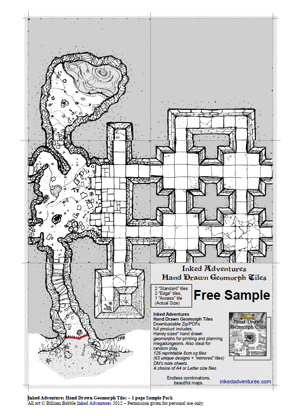 Preview of the Inked Adventures Hand Drawn Geomorph Tiles Free Sample PDF